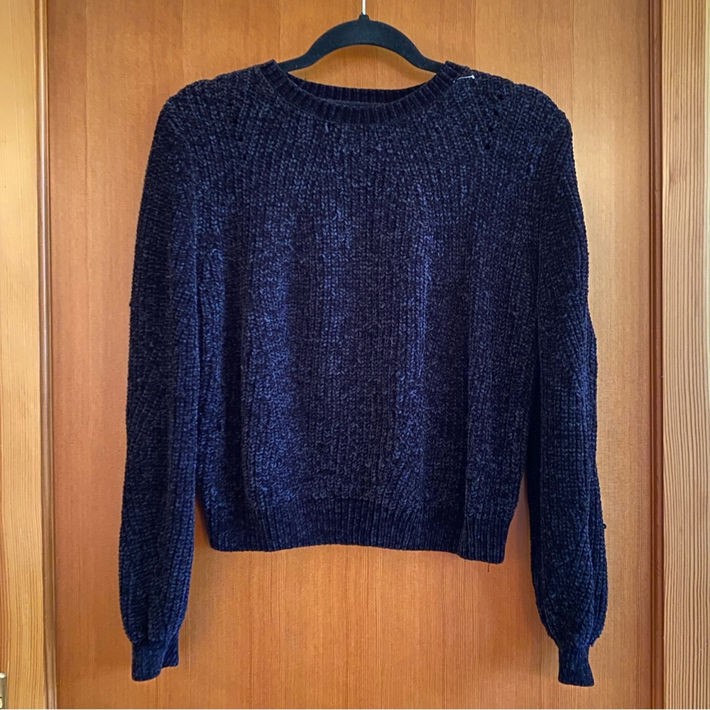 black chenille knit crewneck sweater
